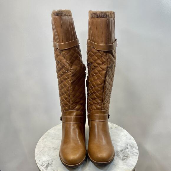 JustFab Myla Quilted Sweater Cuff Wide Calf Boots Cognac/Brown Women’s 10 NIB - Picture 2 of 9